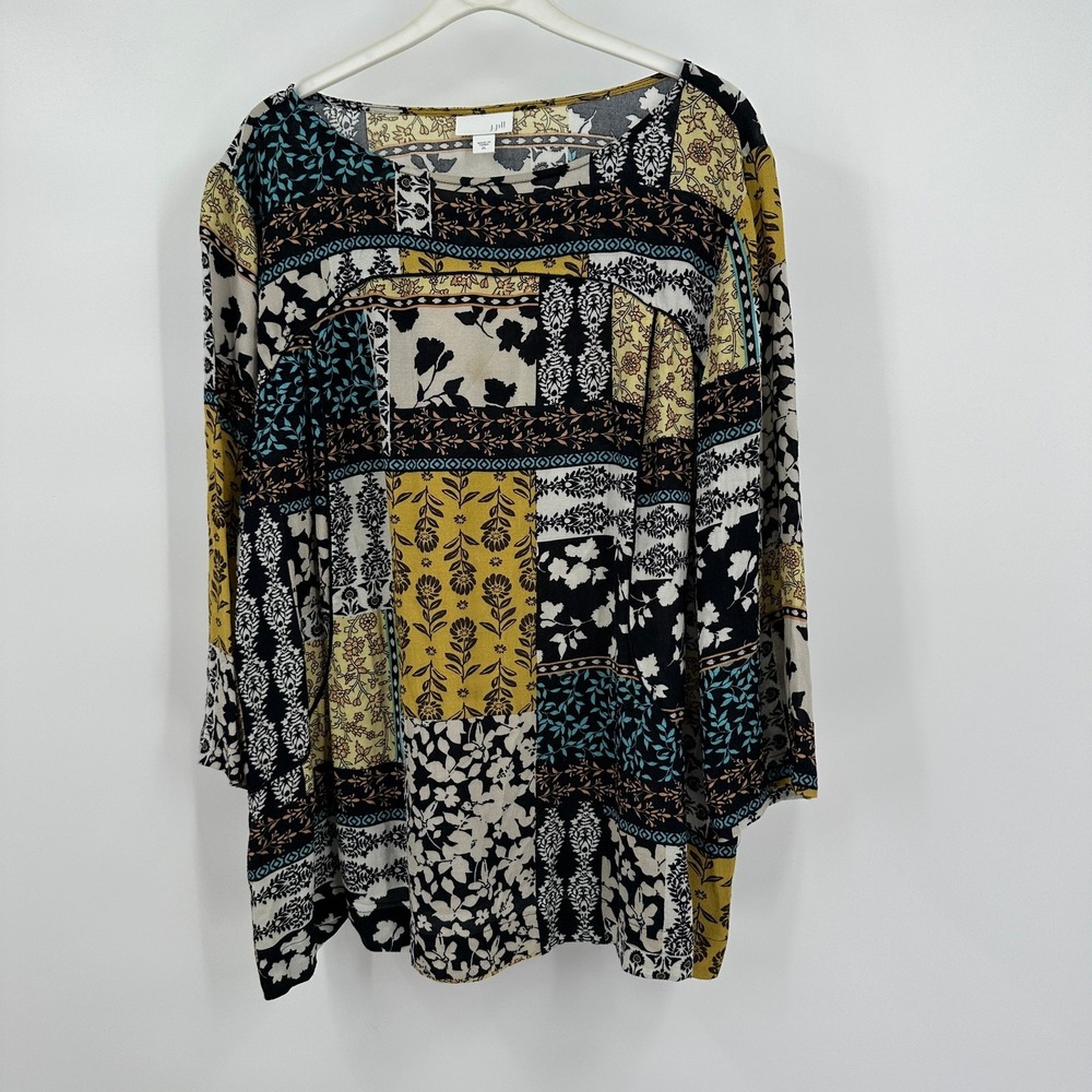 J Jill Womens Boho Patchwork Print Top Sz XL Floral Peasant Artsy Eclectic Indie